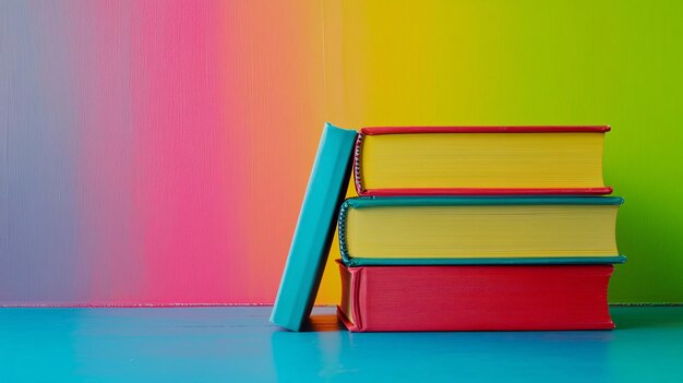 Photo stack of colorful books leaning against vibrant background