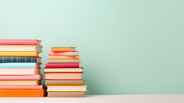 Stack of colorful books on pastel background