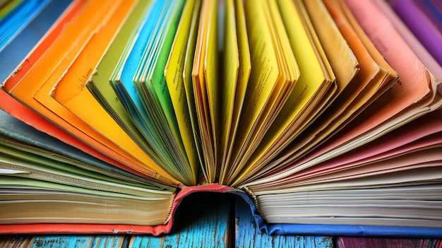 A stack of colorful books with the pages fanned out