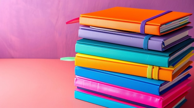 Photo a stack of colorful books with a purple pen on top of them