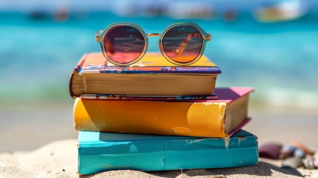 A stack of colorful books with sunglasses on top set on a sandy beach with a blue ocean background