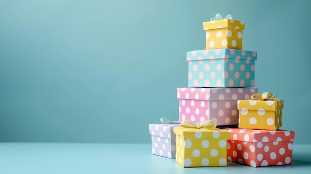 A stack of colorful boxes with polka dots on them