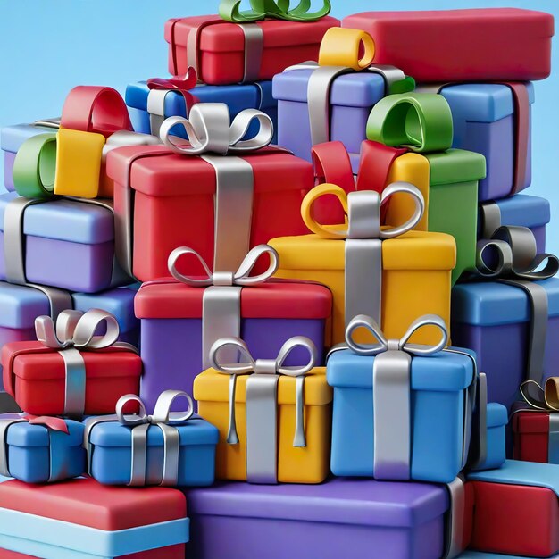 Photo a stack of colorful boxes with ribbons on them representing a festive