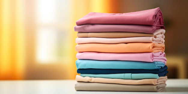 Stack of colorful clothes Pile of clothing on table empty space background Laundry and household