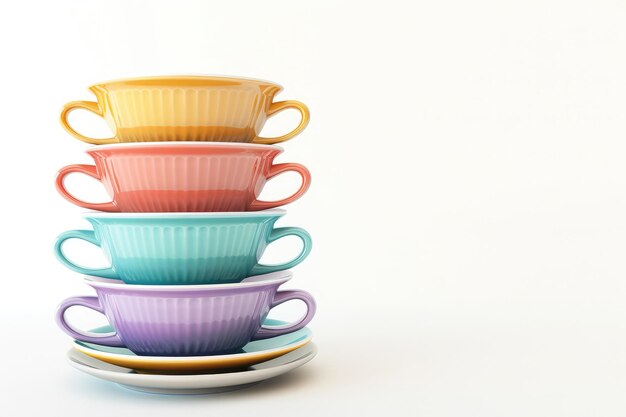 Photo stack of colorful cups with saucers 3d rendering isolated on white background