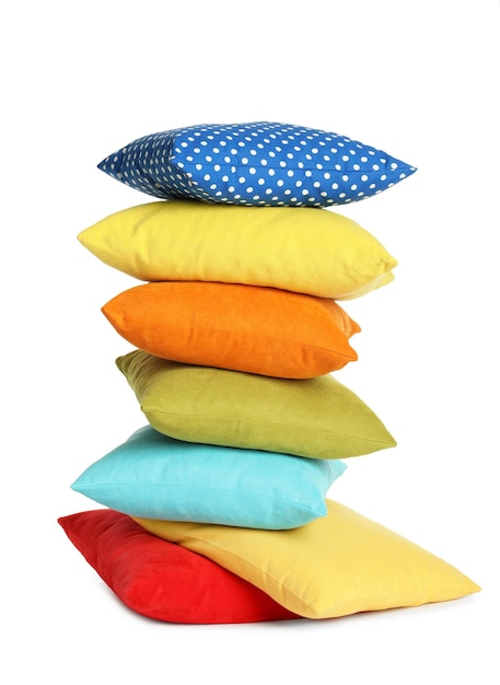 Stack of colorful decorative pillows on white background