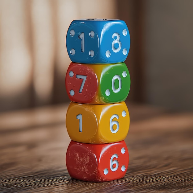 a stack of colorful dice with numbers 10 and 12 on them