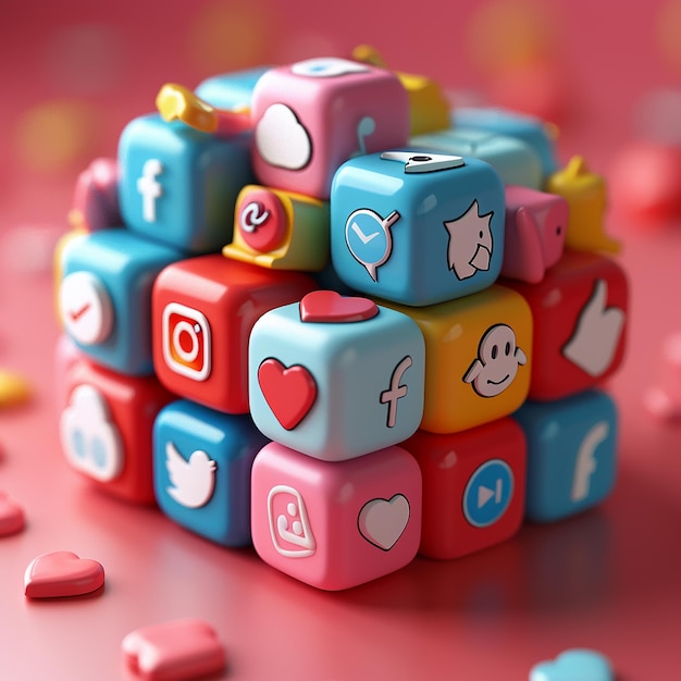 a stack of colorful dice with the word facebook on them