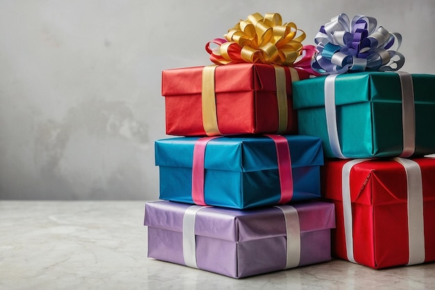 A stack of colorful gifts with bows