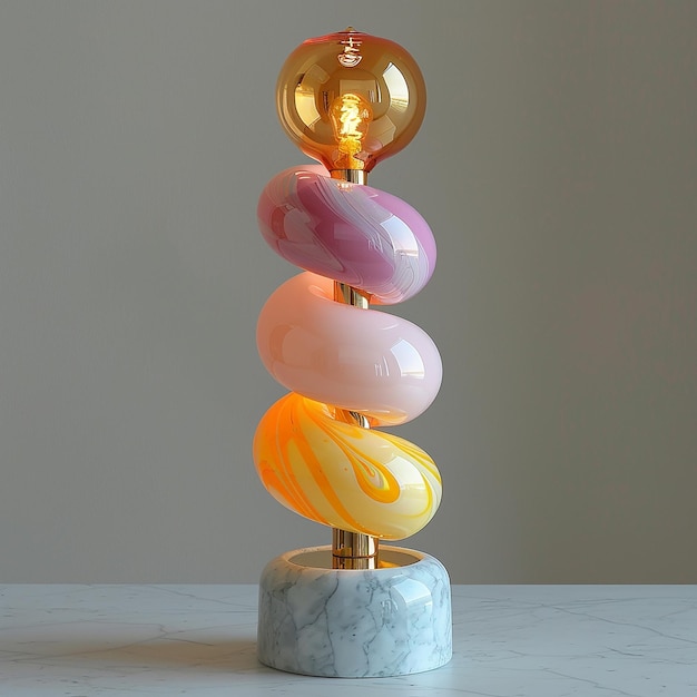 a stack of colorful glass marbles with a gold base