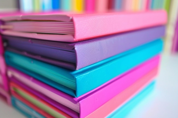 Stack of colorful journals on a white surface