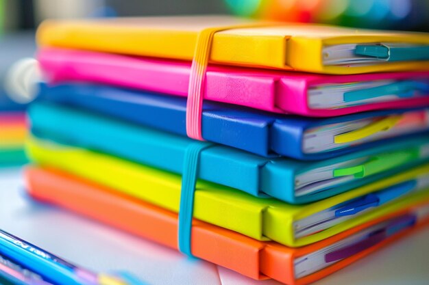 Stack of colorful journals on a white surface