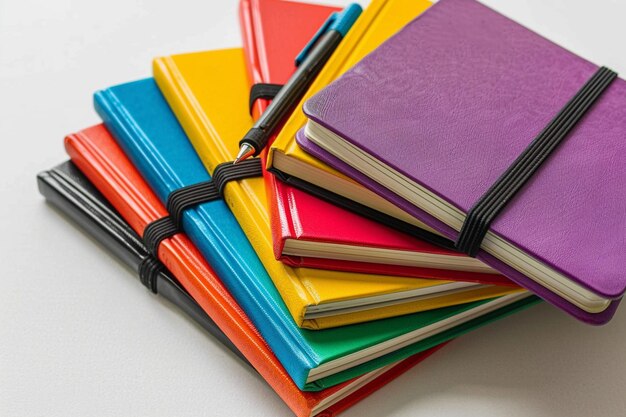 Stack of colorful journals on a white surface