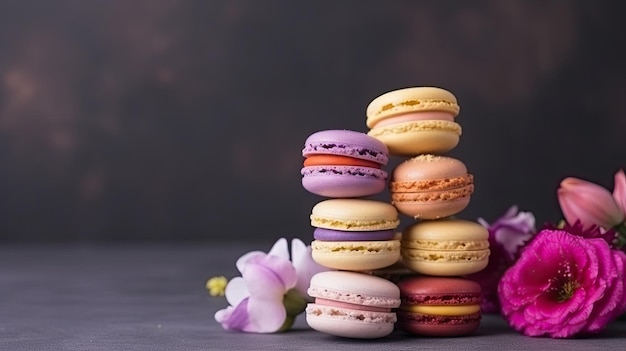 A stack of colorful macarons Web banner with copy space Generative AI