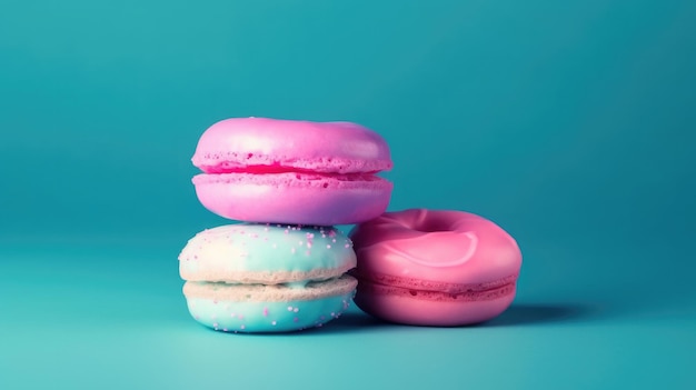 A stack of colorful macaroons on a blue background