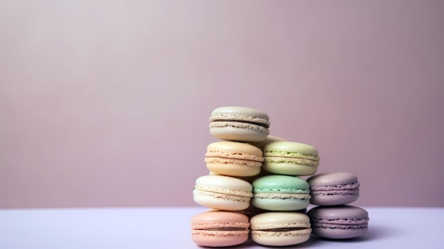 A stack of colorful macaroons on a pink background