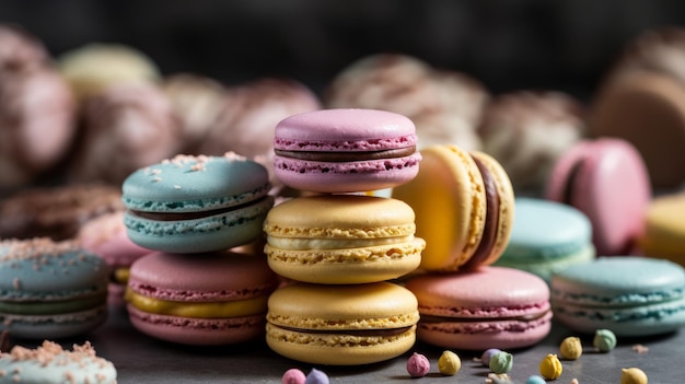 A stack of colorful macaroons with delicate piping AI generated