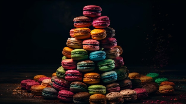 A stack of colorful macaroons with one being made by the brand macaroons.