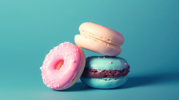 A stack of colorful macaroons with one that says'donuts'on it