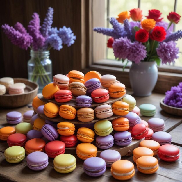 Photo a stack of colorful mini cakes are on a table