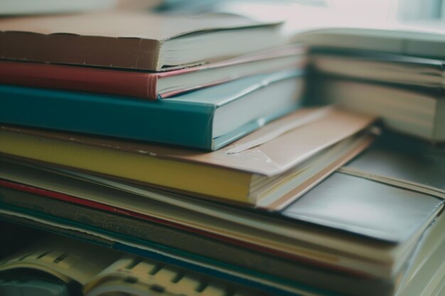 Photo a stack of colorful and neatly organized books slightly askew capturing a sense of knowledge and the joy of reading