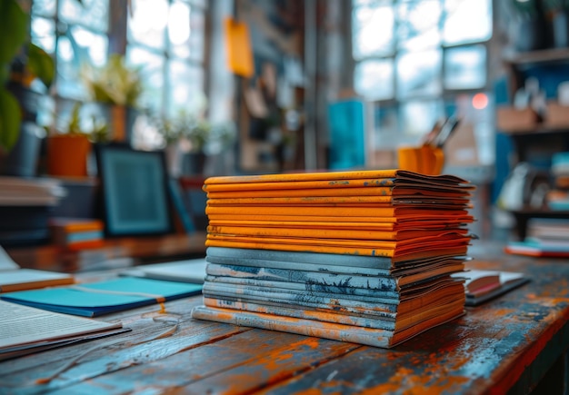 Stack of colorful notebooks on desk