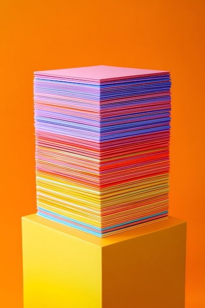 Photo stack of colorful papers on yellow platform against orange background