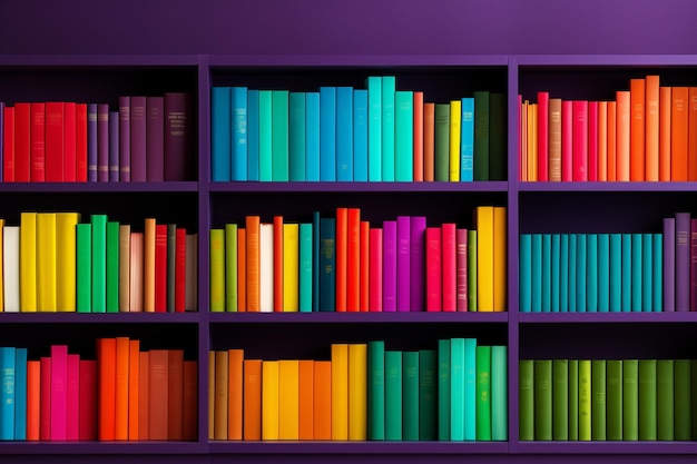 Stack of colorful pastel books on a shelf in the library