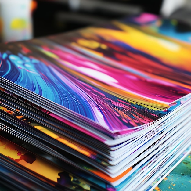 Photo stack of colorful printed papers with abstract design