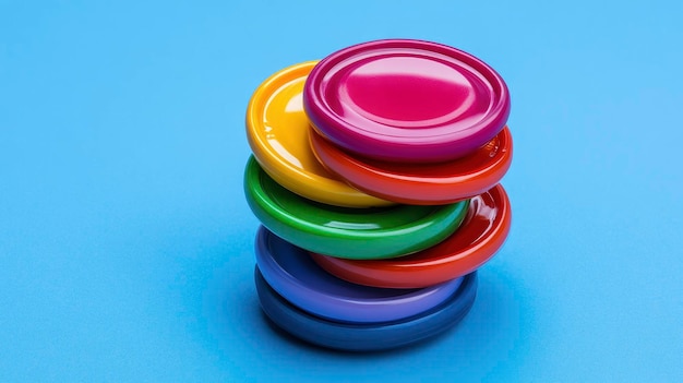 Stack of Colorful Round Objects on Blue Background