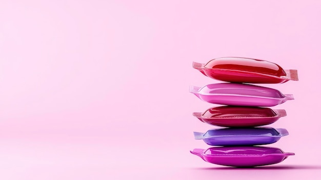 Stack of Colorful Sachets on Pink Background