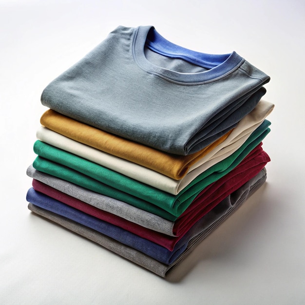 Photo a stack of colorful shirts with a blue one that says  t - shirts