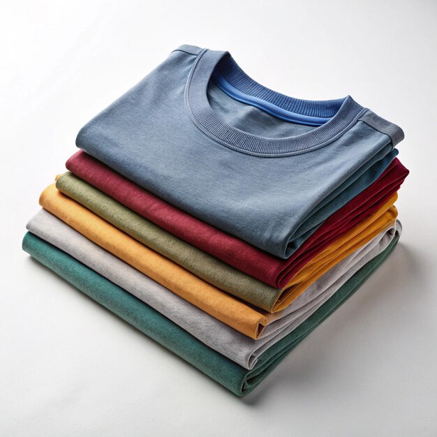 Photo a stack of colorful shirts with a blue one that says  t - shirts