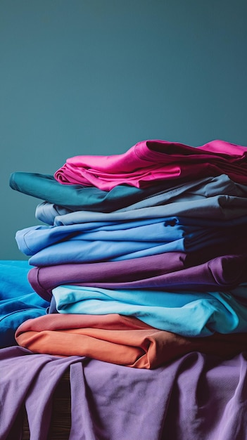 a stack of colorful shirts with one that says  the word  on the bottom