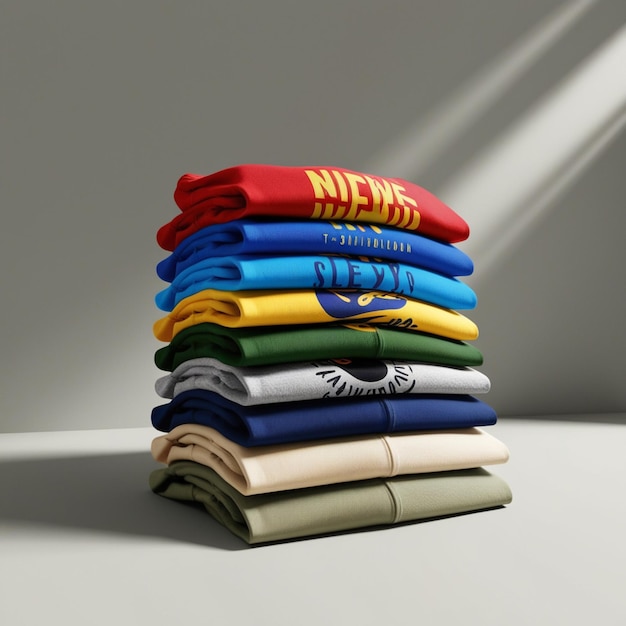 Photo a stack of colorful shirts with the words  new  on them