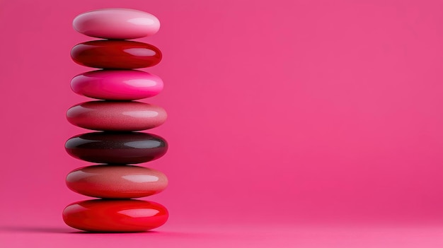 Stack of Colorful Smooth Stones on Pink Background