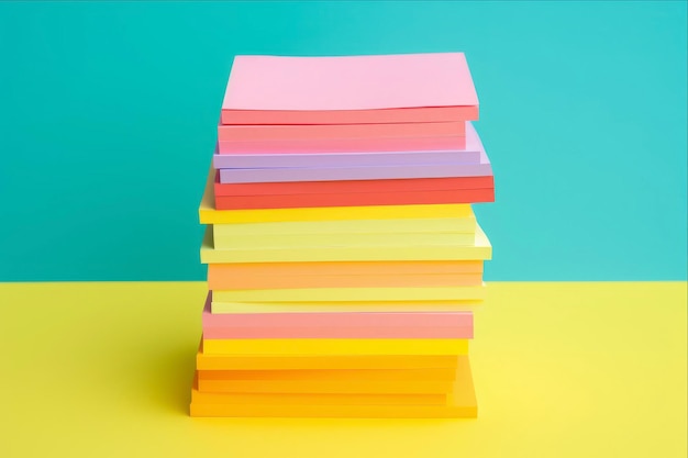 Photo stack of colorful sticky notes on a blue and yellow background copy space