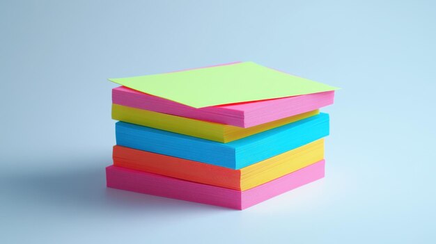 Stack of colorful sticky notes on a light blue background arranged neatly in a simple office setting