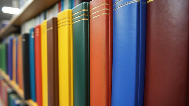 Photo stack of colorful students books with bookmarks on shelf closeup