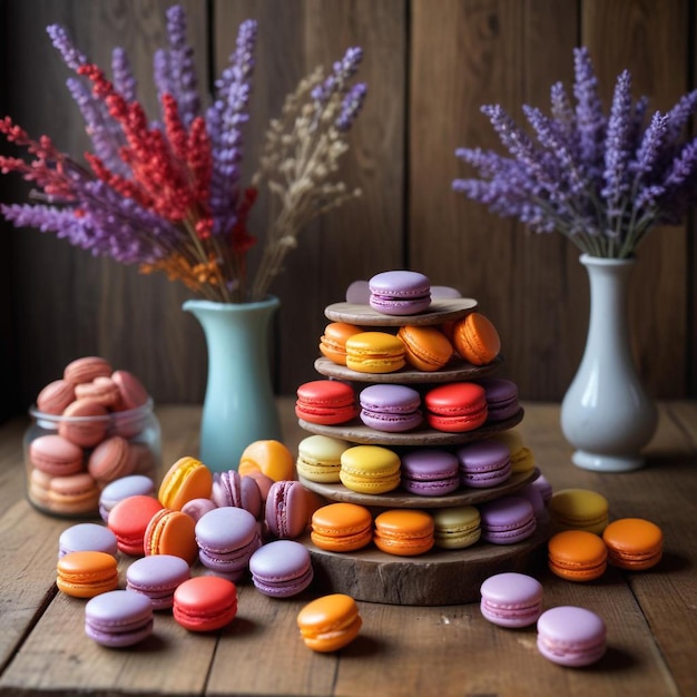 a stack of colorful sweet treats on a wooden table