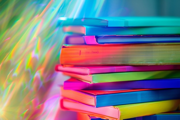 A stack of colorful textbooks illuminated by vibrant shimmering rays of light A stack of colorful textbooks with shining rays of light around them