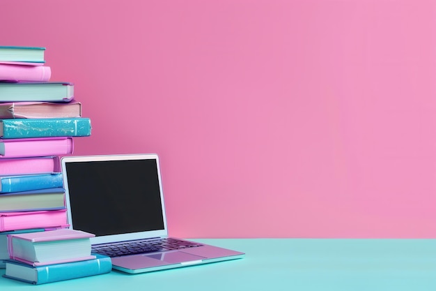 A stack of colorful textbooks next to a laptop computer on a blue desk against a pink wall representing the modern blend of traditional and online education Generative AI