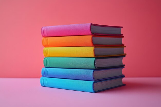 Photo a stack of colorful textbooks neatly arranged on a pastel pink background representing knowledge and learning