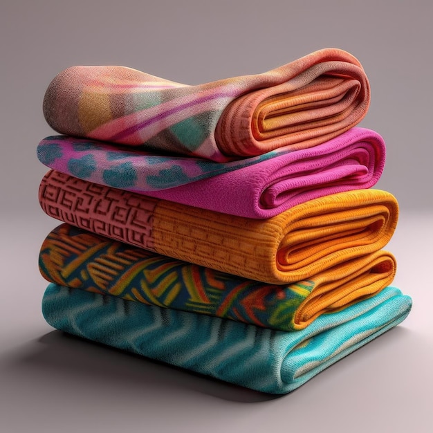 Stack of colorful towels on gray background