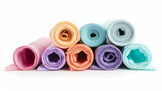 A stack of colorful towels with a white background