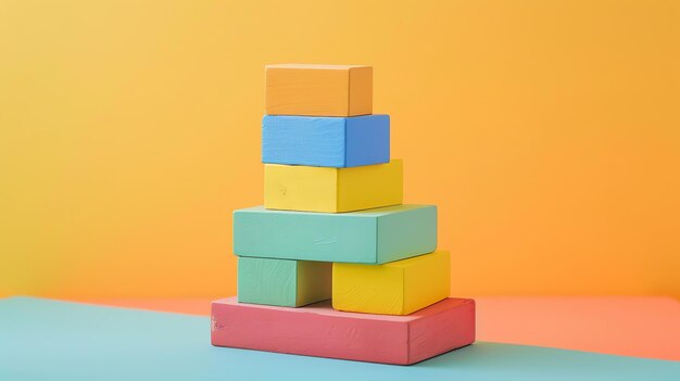 Photo a stack of colorful wooden blocks against a yellow and orange background