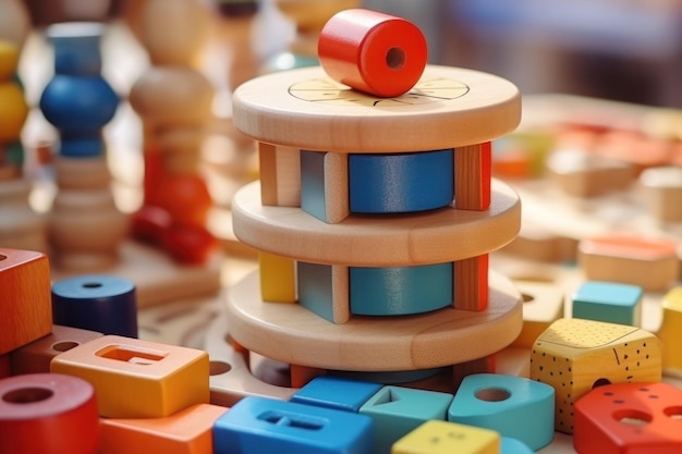 A stack of colorful wooden toys on a table Perfect for children39s playtime or educational concepts