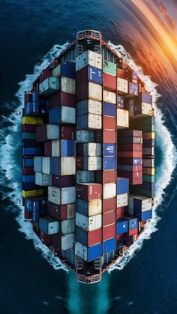 Stack of containers box cargo freight ship on top view