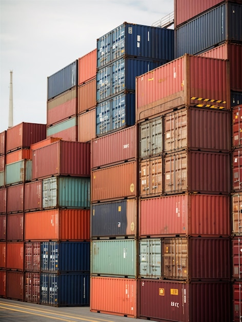 Stack of containers cargo ship in harbor port international global transportation Generative AI