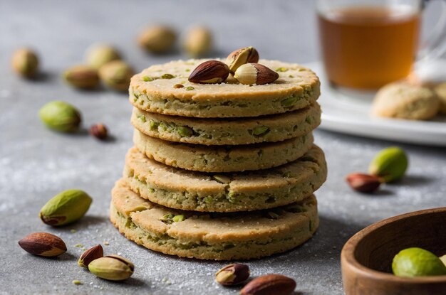 a stack of cookies with almonds on top of them